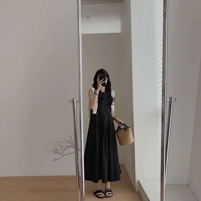 Pleated Neck A-Line Dress Sleeveless Midi Plain Crew