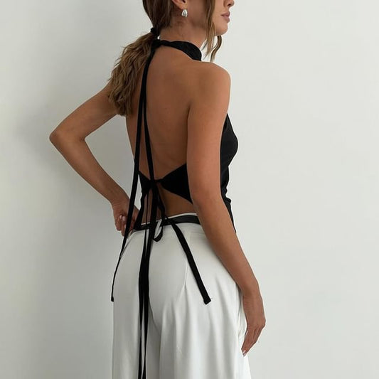 Mock Back Slim Neck Open Plain Asymmetrical Crop Fit Top Halter
