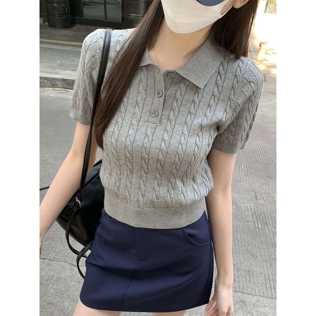 Shirt Polo Knit Cable Crop Plain Short-Sleeve