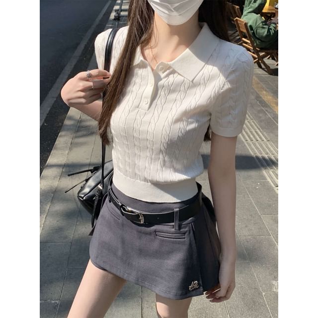 Cable Shirt Crop Polo Plain Knit Short-Sleeve