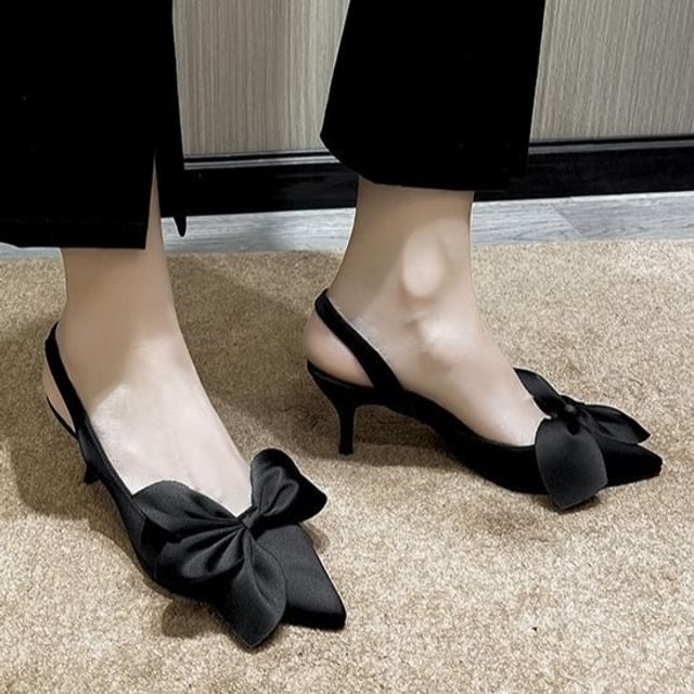 Slingback Bow Toe Pointed Pumps Satin