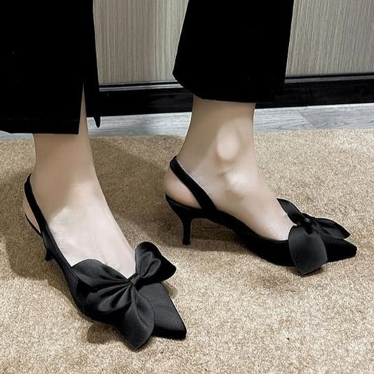 Slingback Bow Toe Pointed Pumps Satin