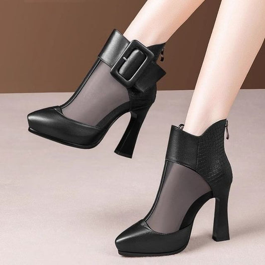 Mesh Buckled Boots Toe Pointed Platform Panel Short