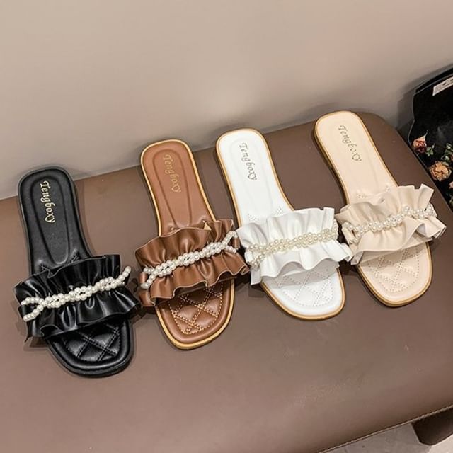 Slide Pearl Faux Sandals Ruffle