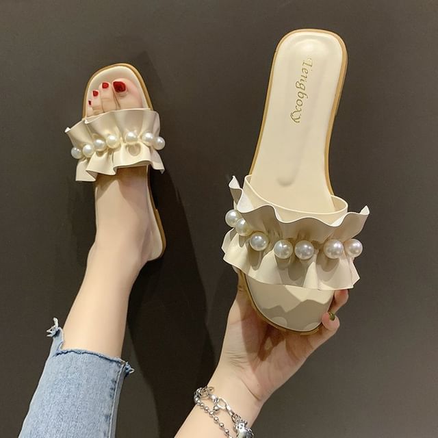 Slide Sandals Pearl Ruffle Faux
