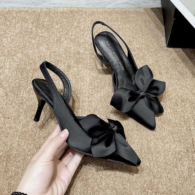 Slingback Bow Toe Pointed Pumps Satin