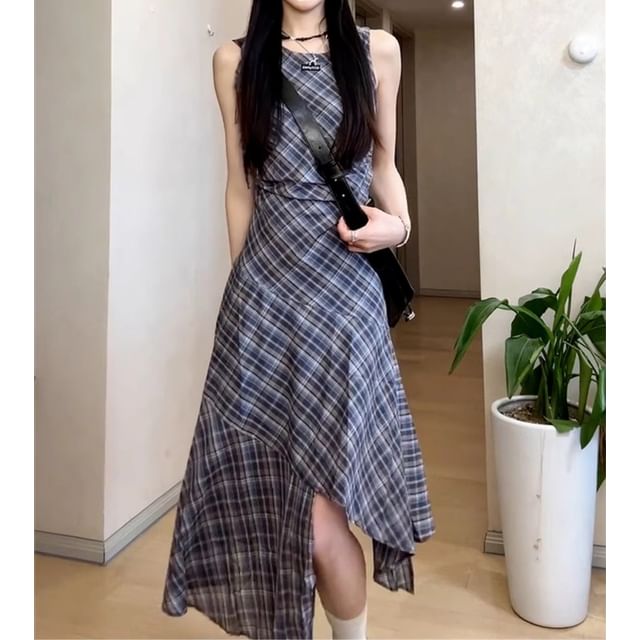 Plaid Neck Round Sleeveless A-Line Asymmetrical Dress Maxi