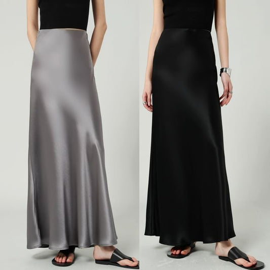 Satin High A-Line Plain Maxi Waist Skirt