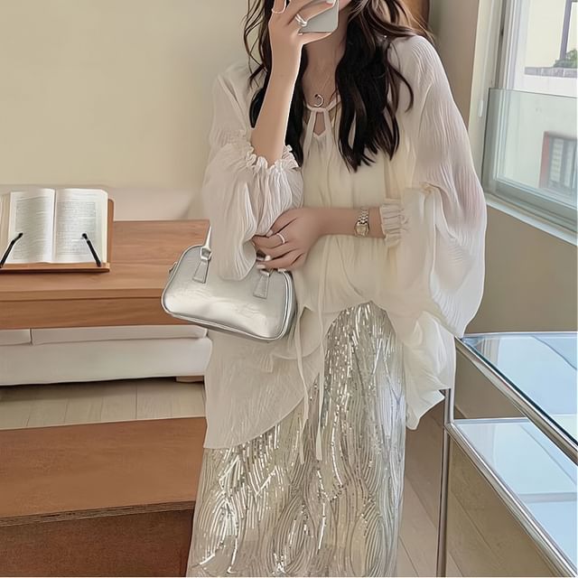 Plain High Tie Skirt Cami Midi Sequin Top Blouse Rise Long-Sleeve V-Neck Front Set Sheer H-Line /