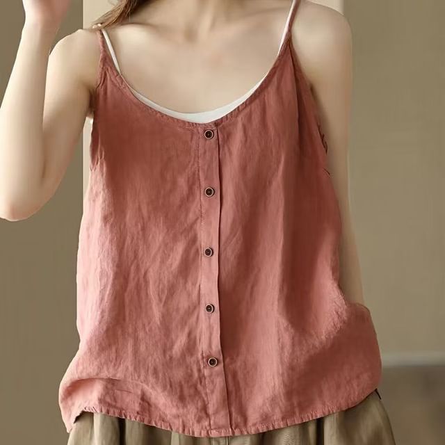 Camisole Top Scoop Neck Plain Buttoned
