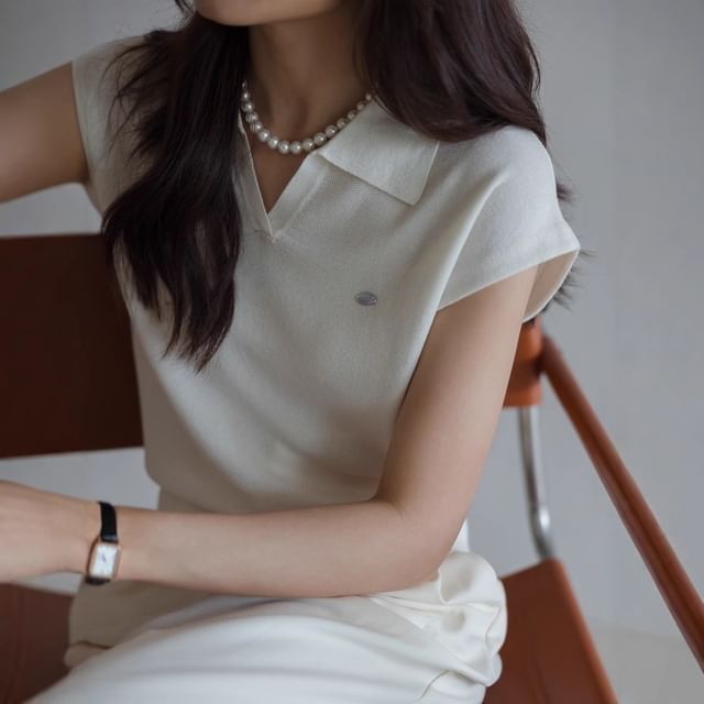 Knit Cap-Sleeve Top V-Neck Collared Crop Plain