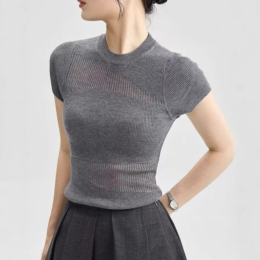 Sheer Top Knit Cap-Sleeve Panel Round Neck Plain