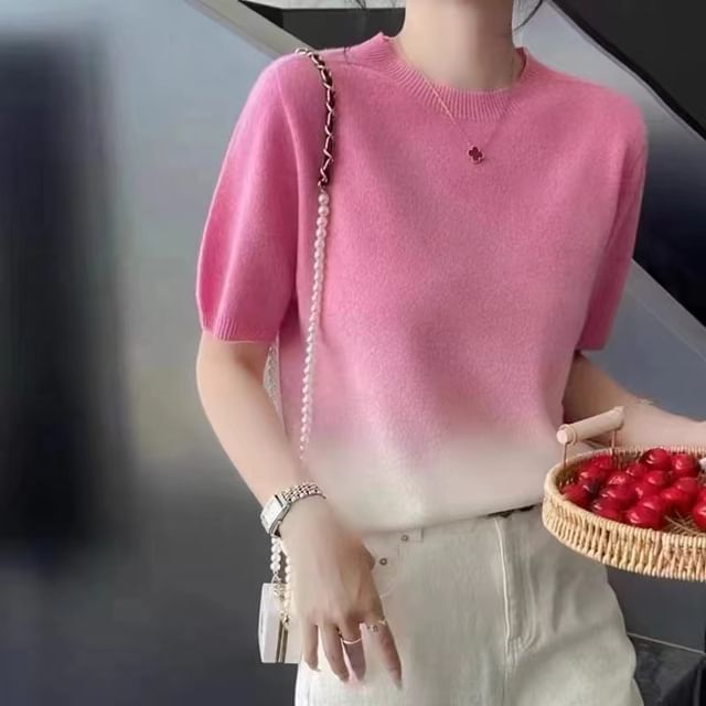 Top Neck Knit Crew Gradient Short-Sleeve