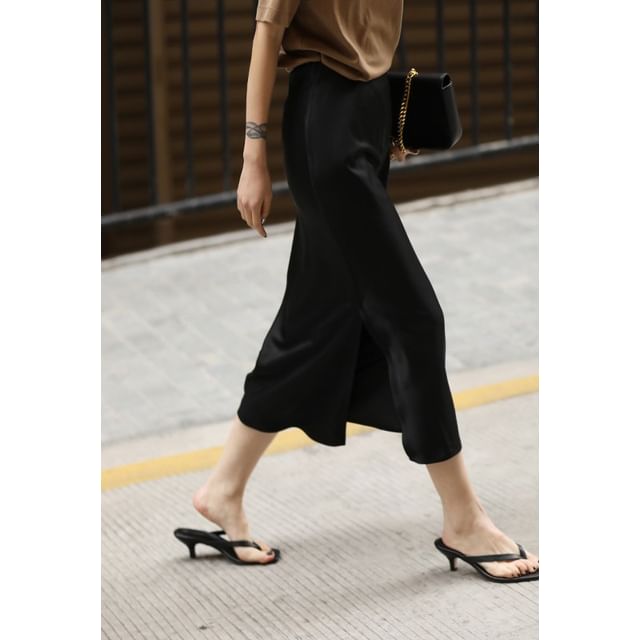 Slit Midi Skirt High Satin Rise Plain Pencil