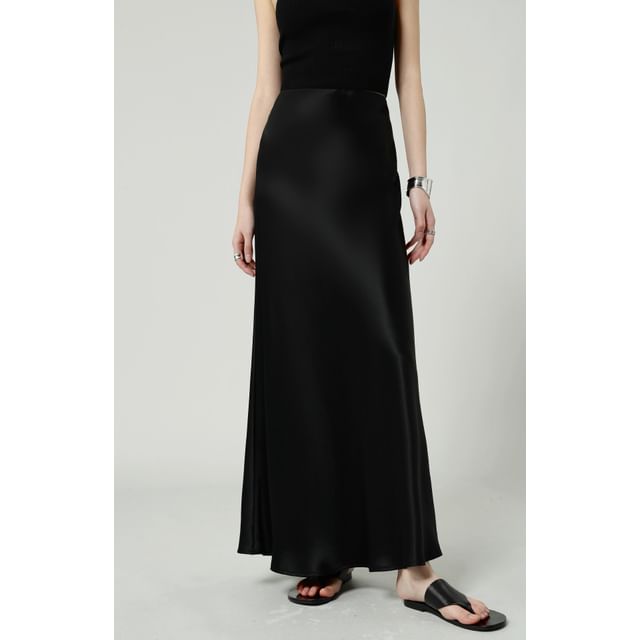 Satin High A-Line Plain Maxi Waist Skirt