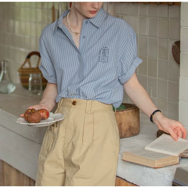 Button-Up Striped Collared Blouse Embroidered Elbow-Sleeve