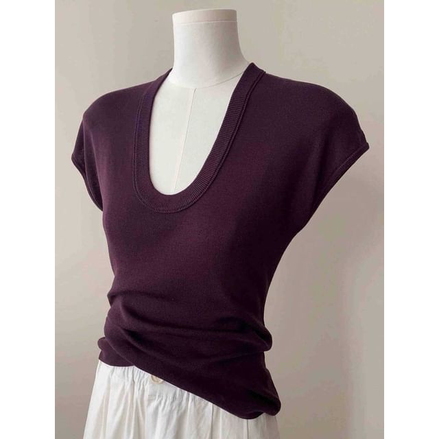 Neck Cap-Sleeve Scoop Slim Fit Knit Top Plain