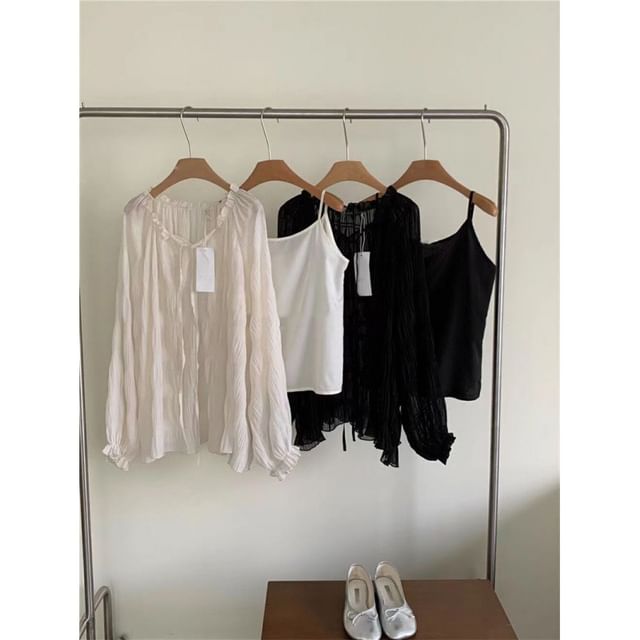 Rise H-Line Set Front Blouse Skirt Plain Top Midi High V-Neck Tie / Long-Sleeve Sheer Cami Sequin