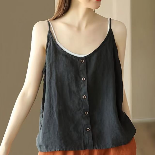 Camisole Top Scoop Neck Plain Buttoned