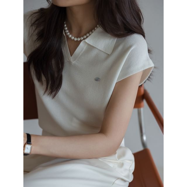 Knit Cap-Sleeve Top V-Neck Collared Crop Plain