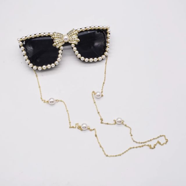 Faux Pearl Eye Cat Rhinestone Sunglasses