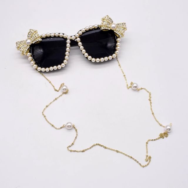 Faux Pearl Eye Cat Rhinestone Sunglasses