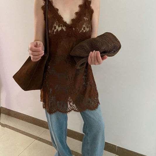 V-Neck Spaghetti Cami Plain Strap Top Lace