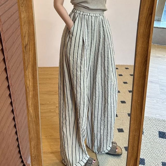 High Pants Waist Plain Wide Leg Striped