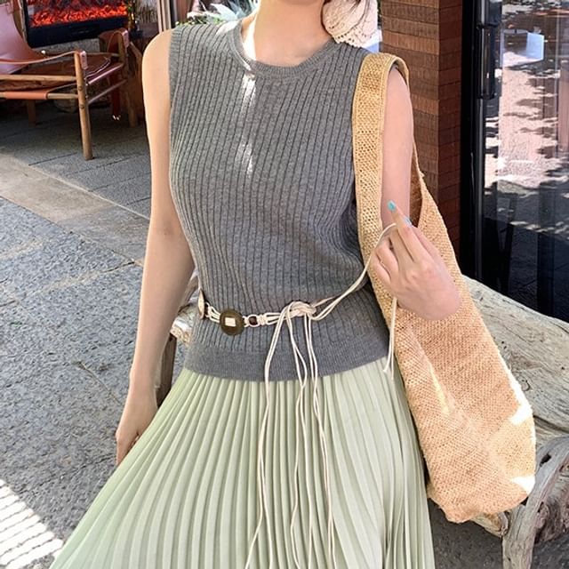 Sleeveless Neck Knit Ribbed Plain Crew Top