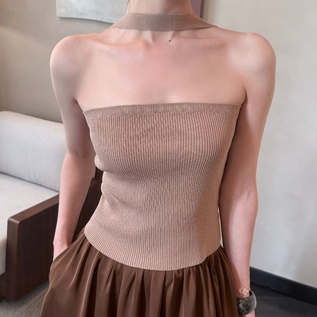 Plain Halter Neck Knit Ribbed Top