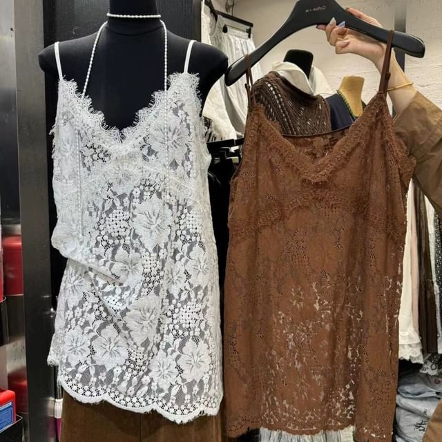V-Neck Spaghetti Cami Plain Strap Top Lace
