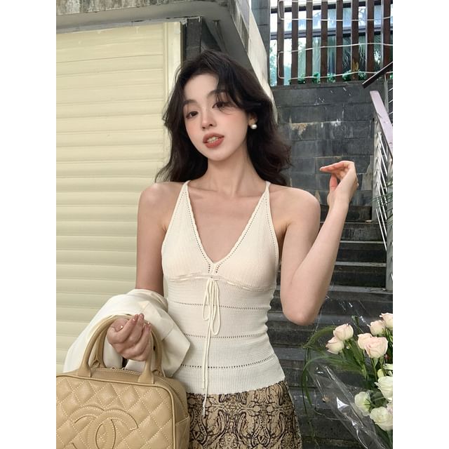 Strap Neck Spaghetti Top Tie Camisole Plain V-Neck