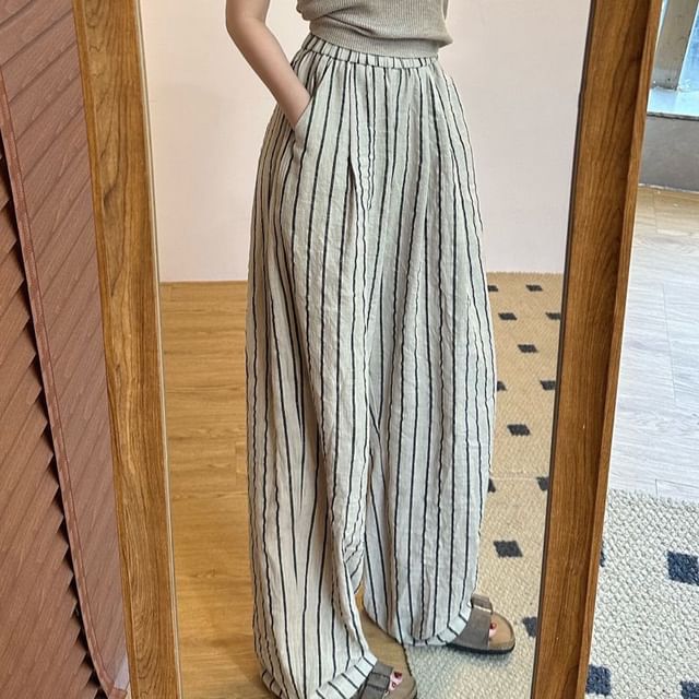 High Striped Waist Pants Leg Wide Plain