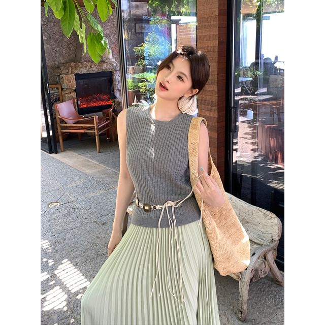 Sleeveless Neck Knit Ribbed Plain Crew Top
