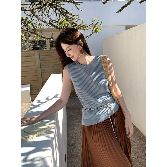 Sleeveless Neck Knit Ribbed Plain Crew Top