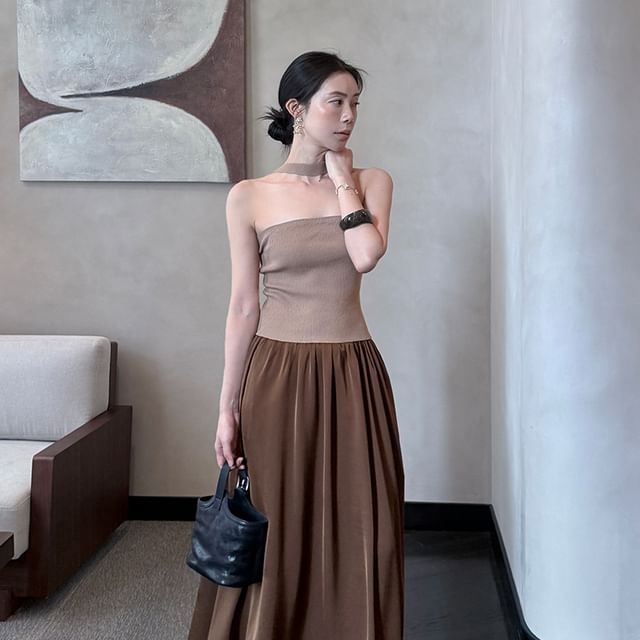 Ribbed Halter Knit Plain Neck Top