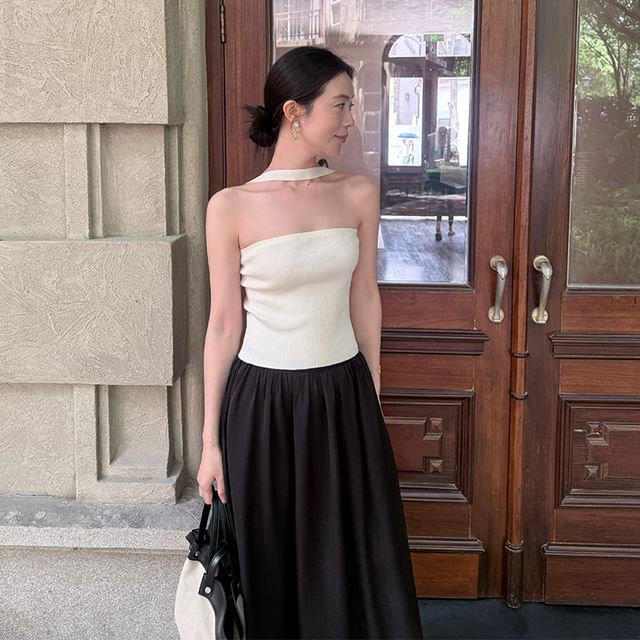 Plain Halter Neck Knit Ribbed Top