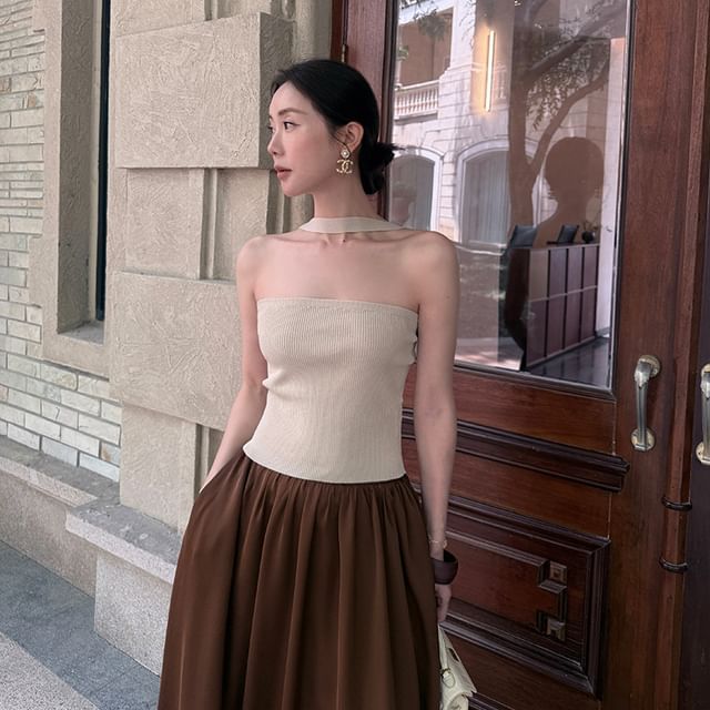 Plain Halter Neck Knit Ribbed Top
