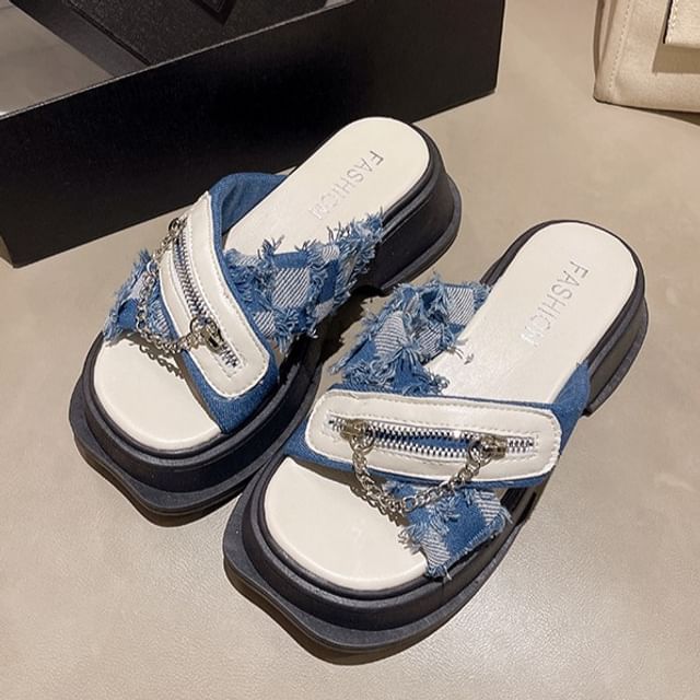 Chain Sandals Zipped Platform Detail Cross Heel Strap Chunky Slide