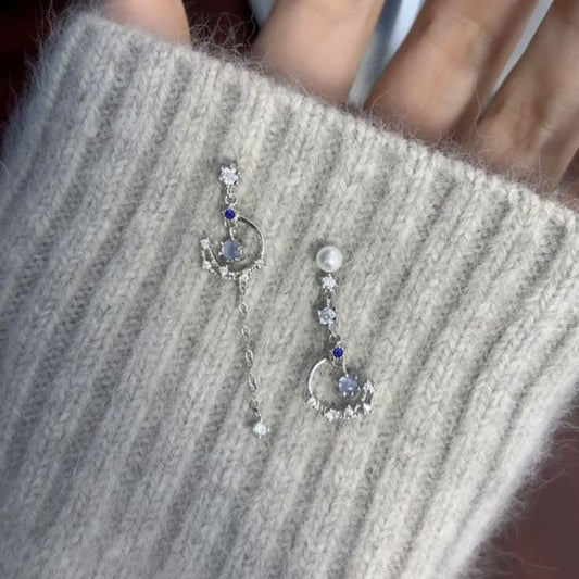 / Faux On Clip Pearl Drop Earring Asymmetrical Rhinestone