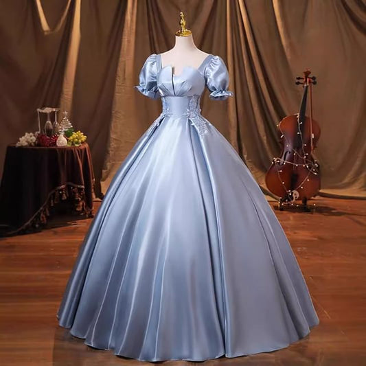 Short-Sleeve Square Neck Plain Embroidered Evening Ball Gown