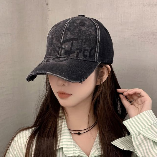 Distressed Washed Lettering Baseball Print Cap