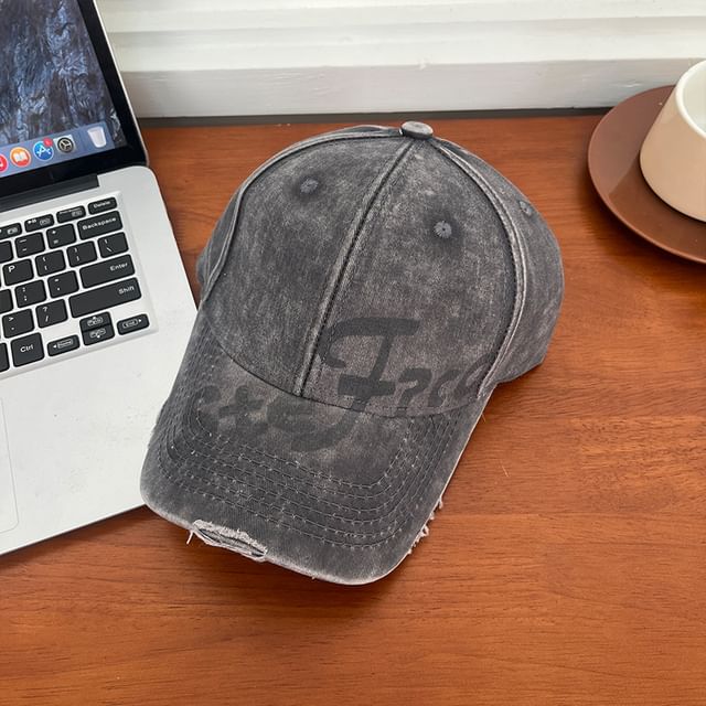 Distressed Washed Lettering Baseball Print Cap