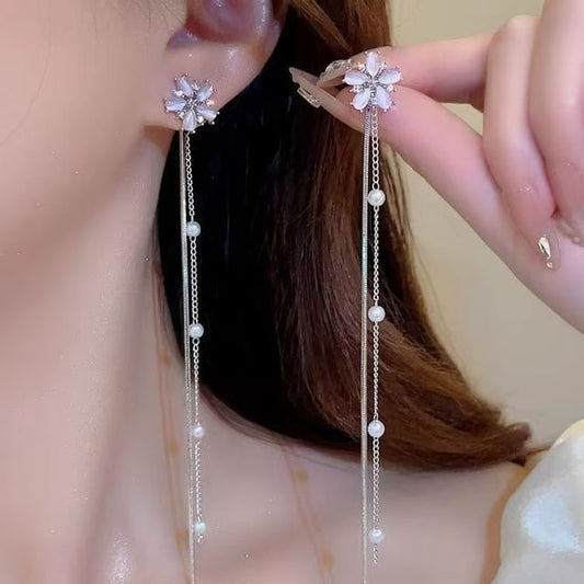 Faux Threader Gemstone Pearl Earring Alloy Floral