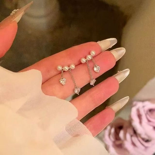 Pearl Heart Dangle Faux Alloy Earring Rhinestone