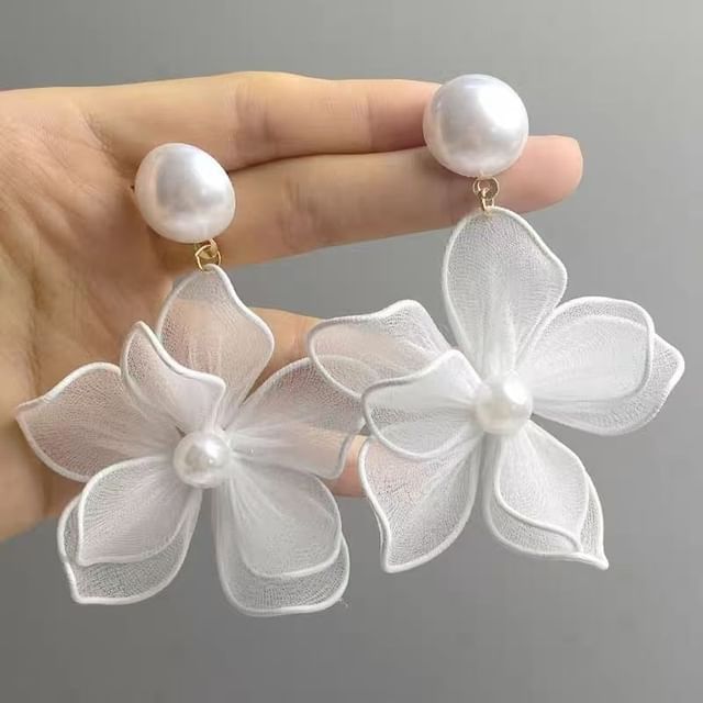 Mesh Statement Pearl Alloy Earring Faux Floral