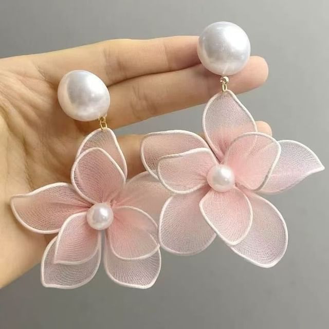 Mesh Statement Pearl Alloy Earring Faux Floral