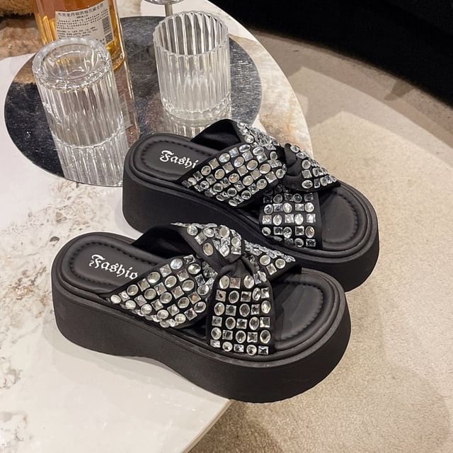 Rhinestone Strap Platform Cross Sandals