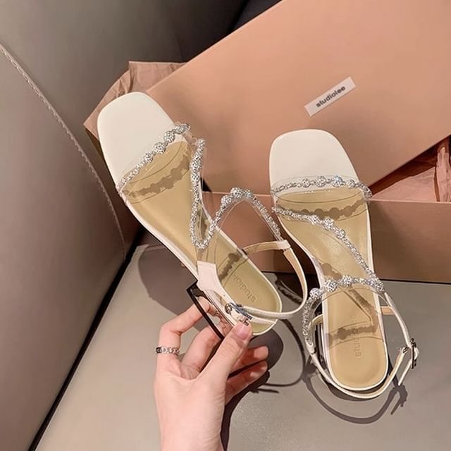 Strappy Sandals Heel Chunky Rhinestone
