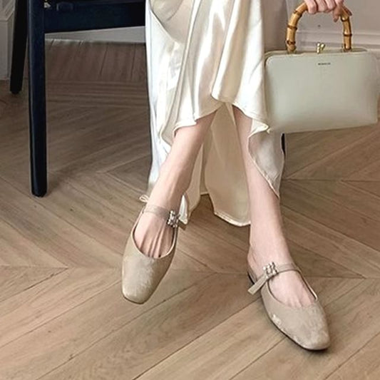 Toe Mules Rhinestone Chunky Heel Square